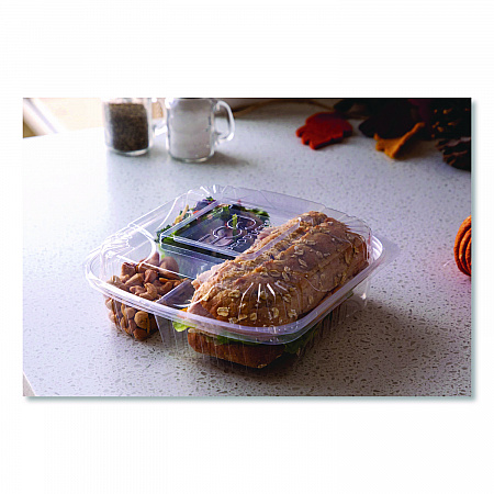 Renewable and Compostable Clear Clamshell Hinged Food Containers, 3 Compartments, 8 x 8 x 3, Plastic, 80/Pack, 2 Packs/Carton (EPLC83)