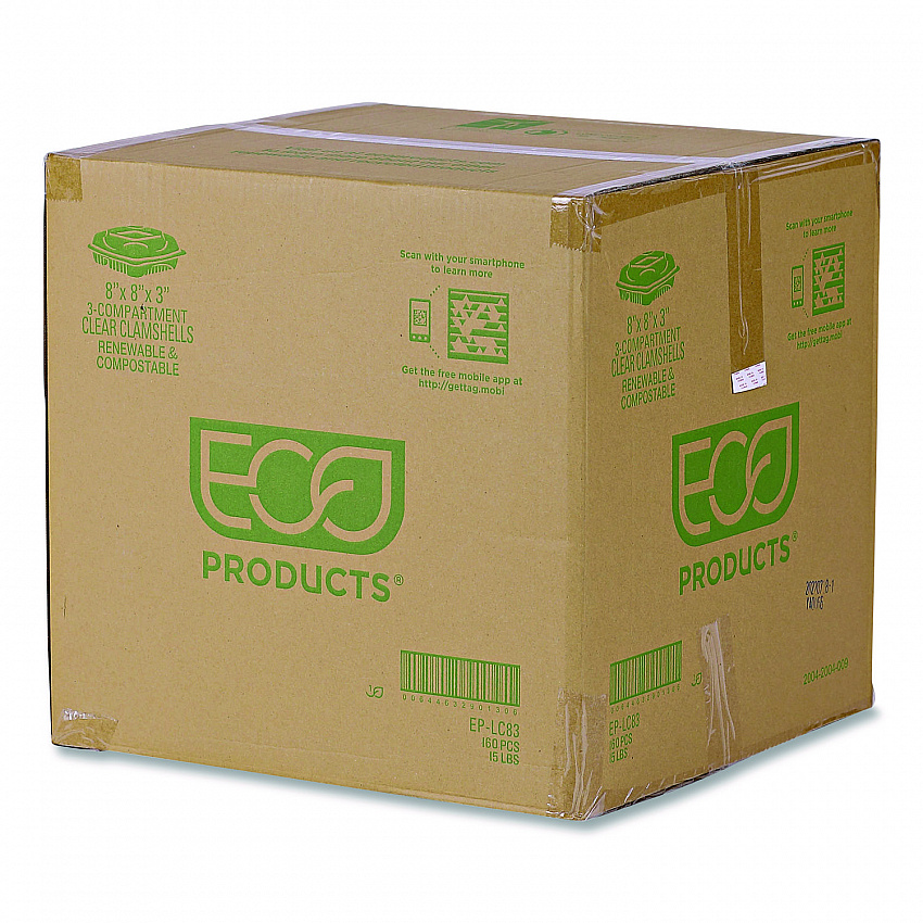 Renewable and Compostable Clear Clamshell Hinged Food Containers, 3 Compartments, 8 x 8 x 3, Plastic, 80/Pack, 2 Packs/Carton (EPLC83)