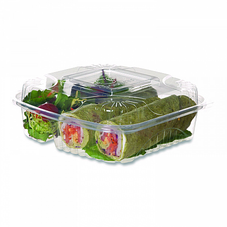 Renewable and Compostable Clear Clamshell Hinged Food Containers, 3 Compartments, 8 x 8 x 3, Plastic, 80/Pack, 2 Packs/Carton (EPLC83)
