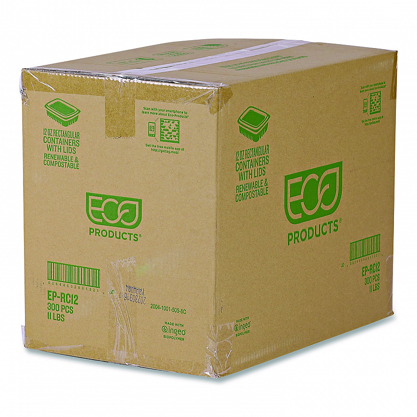 Renewable and Compostable Rectangular Deli Containers with Lid, 12 oz, 2 x 4 x 2, Clear, Plastic, 100/Pack, 3 Packs/Carton (EPRC12)