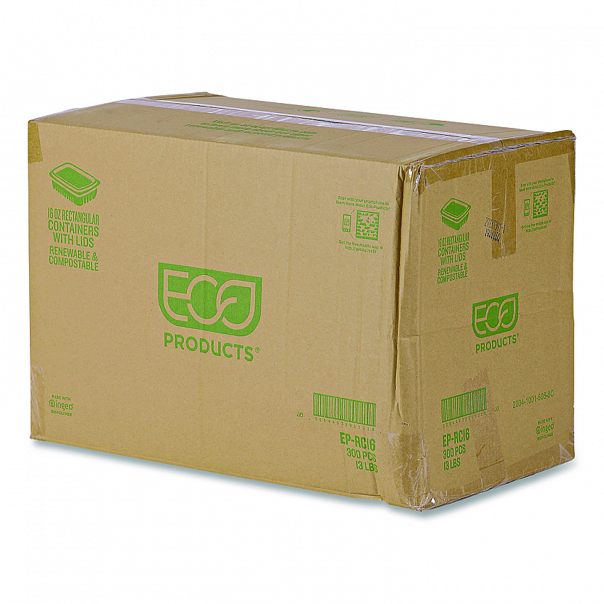 Renewable and Compostable Rectangular Deli Containers with Lid, 16 oz, 3 x 4 x 3, Clear, Plastic, 100/Pack, 3 Packs/Carton (EPRC16)