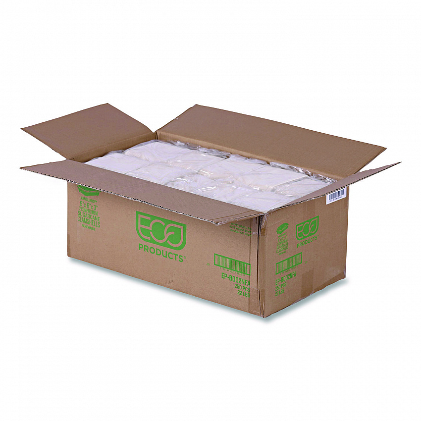 Vanguard Renewable and Compostable Sugarcane Clamshells, 3 Compartments, 9 x 6 x 3, White, 250/Carton (EPB002NFA)