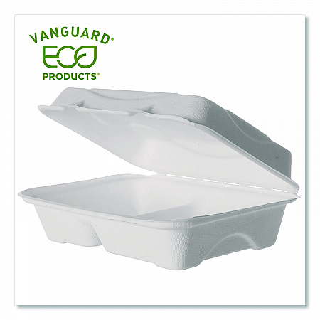 Vanguard Renewable and Compostable Sugarcane Clamshells, 3 Compartments, 9 x 6 x 3, White, 250/Carton (EPB002NFA)