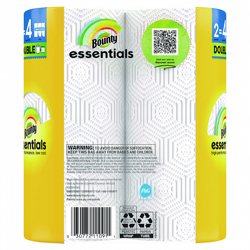 Essentials Select-A-Size Kitchen Roll Paper Towels, 2-Ply, White, 108 Sheets/Roll, 2/Pack, 8 Packs/Carton (14019)