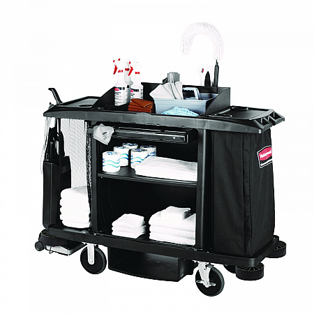 Housekeeping Cart, Plastic, 3 Shelves, 2 Bins, 22