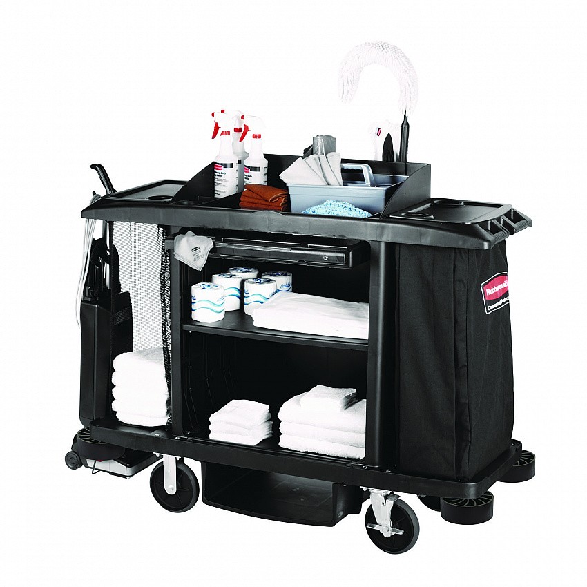 Housekeeping Cart, Plastic, 3 Shelves, 2 Bins, 22" x 60" x 50", Black (FG618900BLA)