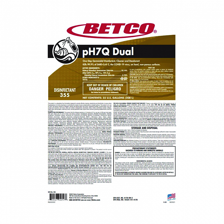 pH7Q Dual Neutral Disinfectant Cleaner, Lemon Scent, 55 gal Drum (3555500)