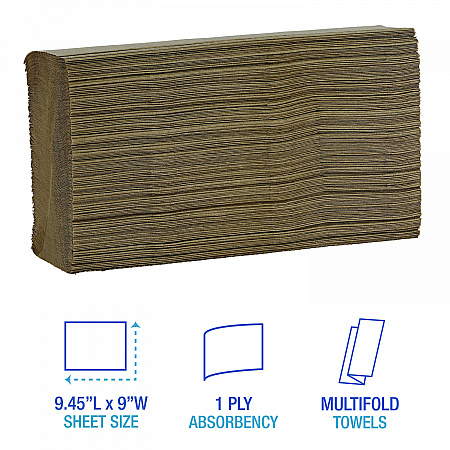 Multifold Paper Towels, 1-Ply, 9 x 9.45, Natural, 250/Pack, 16 Packs/Carton (6202)