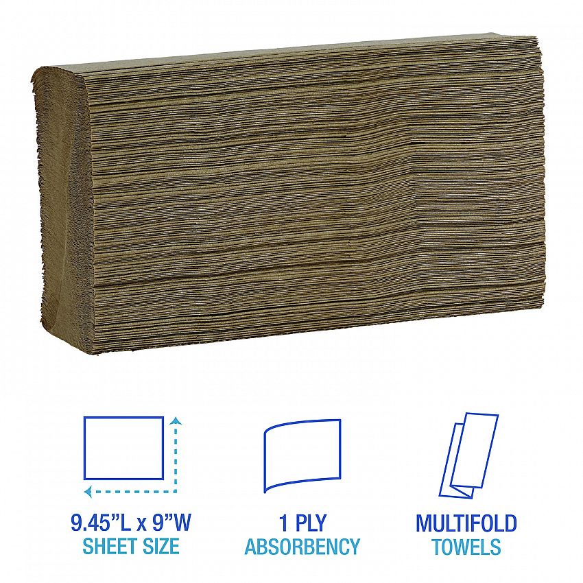 Multifold Paper Towels, 1-Ply, 9 x 9.45, Natural, 250/Pack, 16 Packs/Carton (6202)
