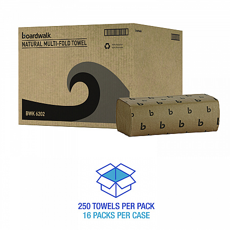 Multifold Paper Towels, 1-Ply, 9 x 9.45, Natural, 250/Pack, 16 Packs/Carton (6202)