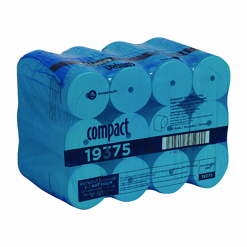 Compact Coreless Bath Tissue, Septic Safe, 2-Ply, White, 1,000 Sheets/Roll, 36 Rolls/Carton (19375)