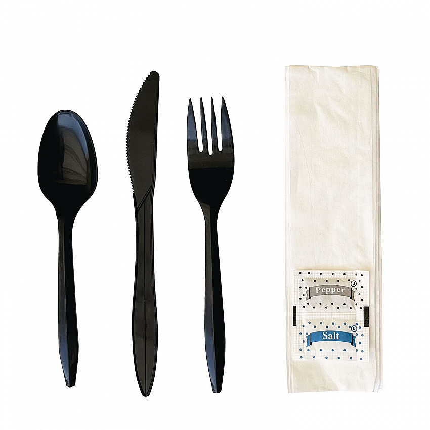 Six-Piece Cutlery Kit, Mediumweight, Fork/Knife/Napkin/Pepper/Salt/Spoon, 5.86", Plastic, Black, 250/Carton (COMBO6KIT)