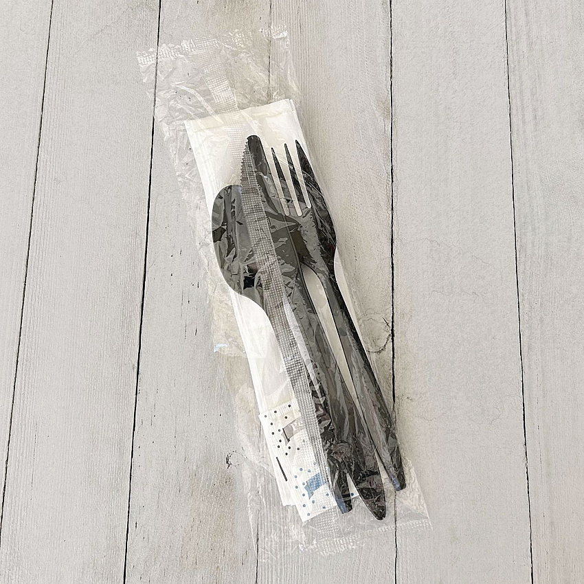 Six-Piece Cutlery Kit, Mediumweight, Fork/Knife/Napkin/Pepper/Salt/Spoon, 5.86", Plastic, Black, 250/Carton (COMBO6KIT)