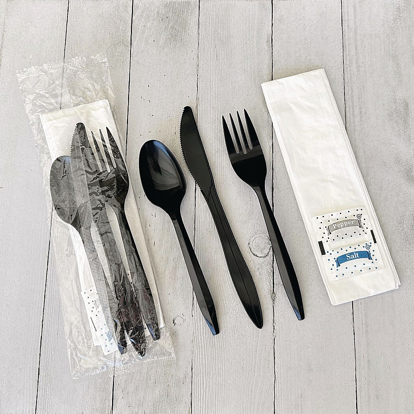 Six-Piece Cutlery Kit, Mediumweight, Fork/Knife/Napkin/Pepper/Salt/Spoon, 5.86", Plastic, Black, 250/Carton (COMBO6KIT)