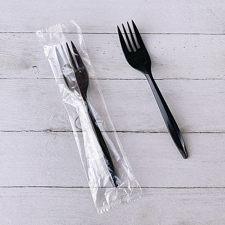 Mediumweight Wrapped Polypropylene Cutlery, Fork, Plastic, Black, 1,000/Carton (FORKBLPPIW)