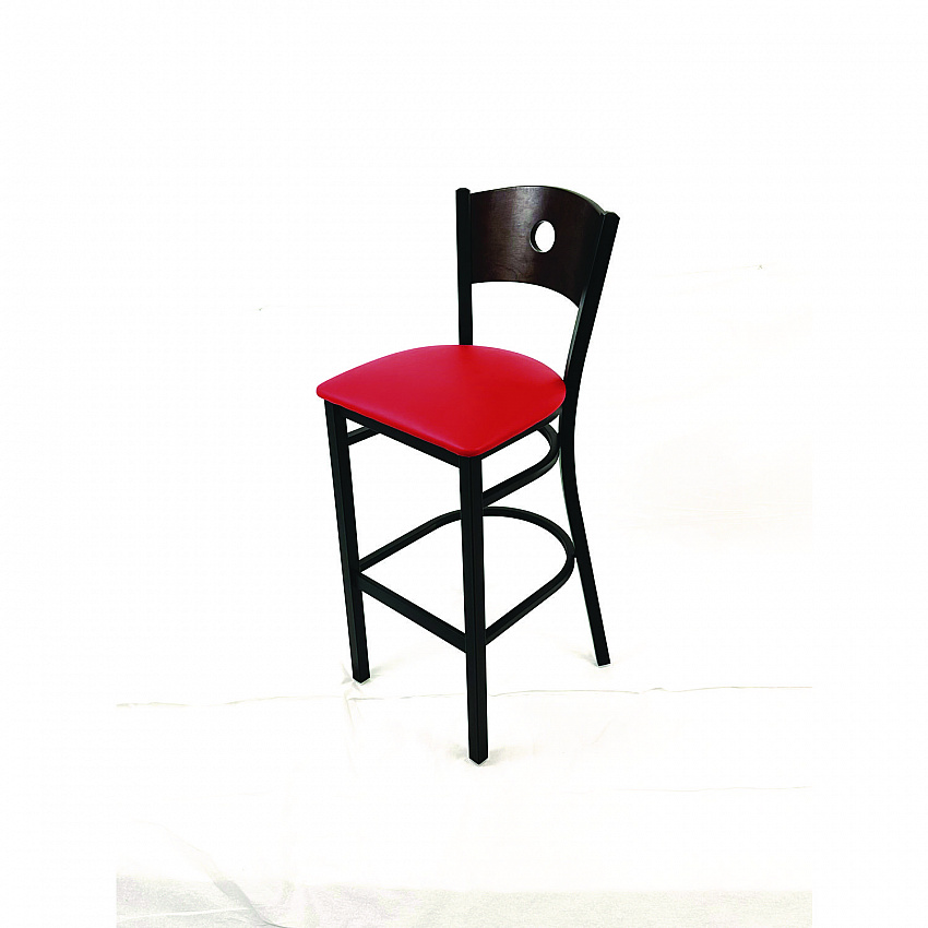Circle Series Barstool, Supports Up to 300 lb, 28.5" Seat Height, Red Seat, Dark Walnut Back, Black Base (CRBBVREDC)