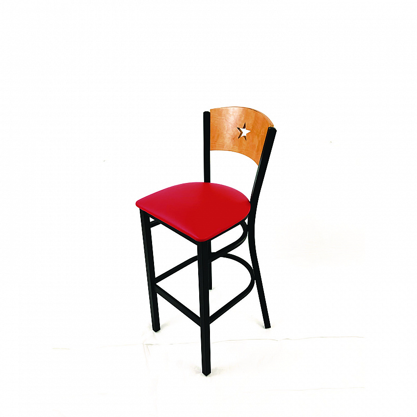 Liberty Series Barstool, Supports Up to 300 lb, 28.5" Seat Height, Red Seat, Natural Back, Black Base (LBBVREDD)