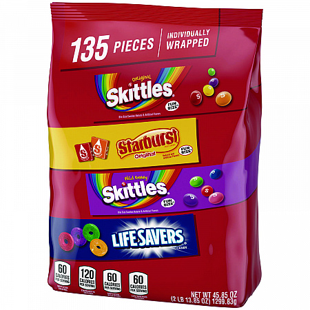 Skittles, Starburst and Life Savers Fun Size Fruity Candy Assortment, 45.85 oz Bag, 135 Pieces, Individually Wrapped (29689)