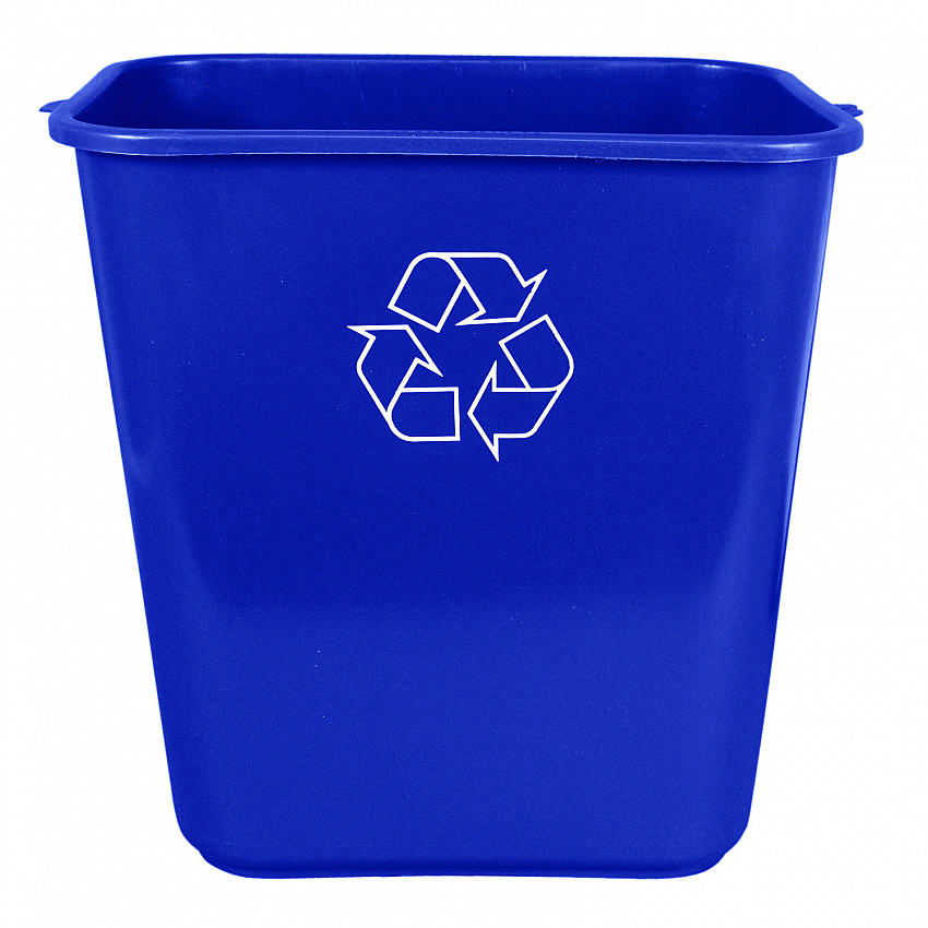 Soft-Sided Recycle Logo Plastic Wastebasket, 28 qt, Polyethylene, Blue (7702BLUR)
