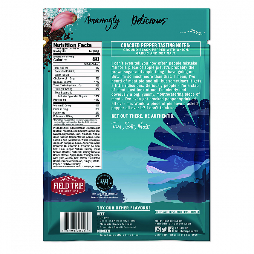 Turkey Jerky, Cracked Pepper Turkey, 1 oz Bag, 12 Bags/Carton (FLD00508)