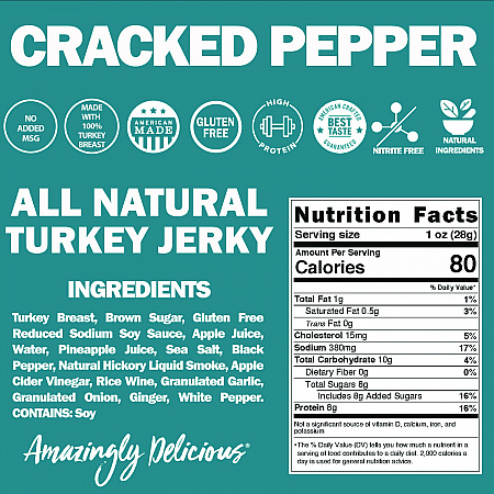 Turkey Jerky, Cracked Pepper Turkey, 1 oz Bag, 12 Bags/Carton (FLD00508)
