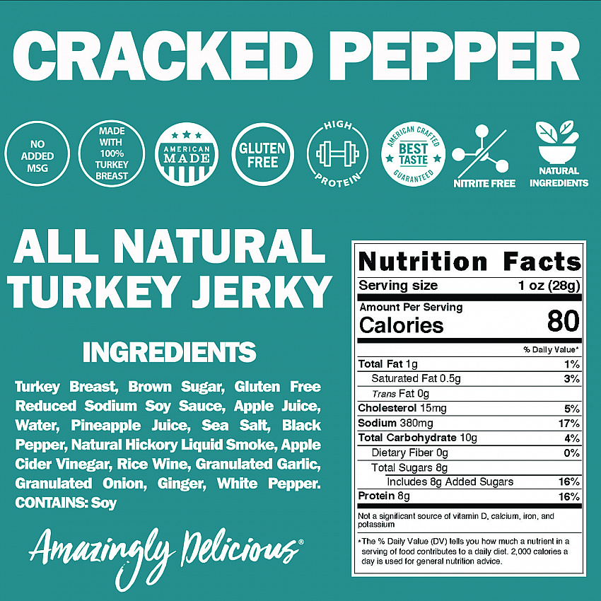 Turkey Jerky, Cracked Pepper Turkey, 1 oz Bag, 12 Bags/Carton (FLD00508)
