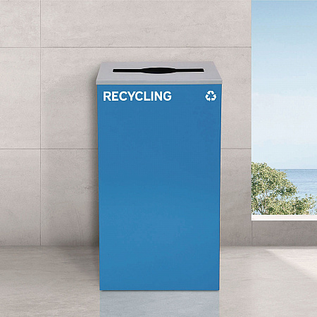 29 Gallon Trash/Recycling Cans, Steel, Blue Recycling with Mixed Lid, Black Trash Can with Square Lid (4450BLKKIT4)