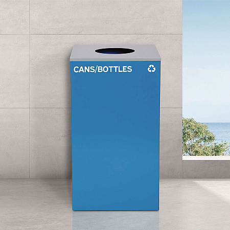 29 Gallon Trash/Recycling Cans, Steel, Blue Cans/Bottles Recycling with Circle Lid, Black Trash Can with Square Lid (4450BLKKIT7)