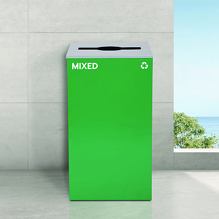 29 Gallon Trash/Recycling Cans, Steel, Green Mixed Recycling Can with Mixed Lid, Black Trash Can with Square Lid (4450BLKKIT11)