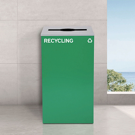 29 Gallon Trash/Recycling Cans, Steel, Green Recycling Can with Mixed Lid, Black Trash Can with Square Lid (4450BLKKIT12)