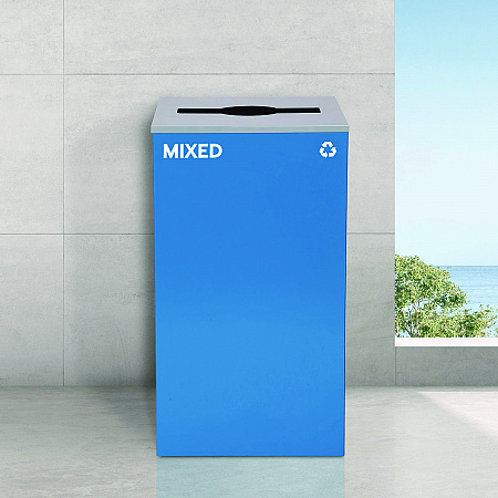 29 Gallon Trash/Recycling Cans, Steel, Blue Mixed Recycling Can w/Mixed Lid, Green Compost and Black Trash Cans w/Square Lids (4450BLKKIT19)