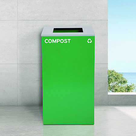 29 Gallon Trash/Recycling Cans, Steel, Blue Cans/Bottles Recycling Can w/Mixed Lid, Green Compost and Black Trash w/Sq Lid (4450BLKKIT20)