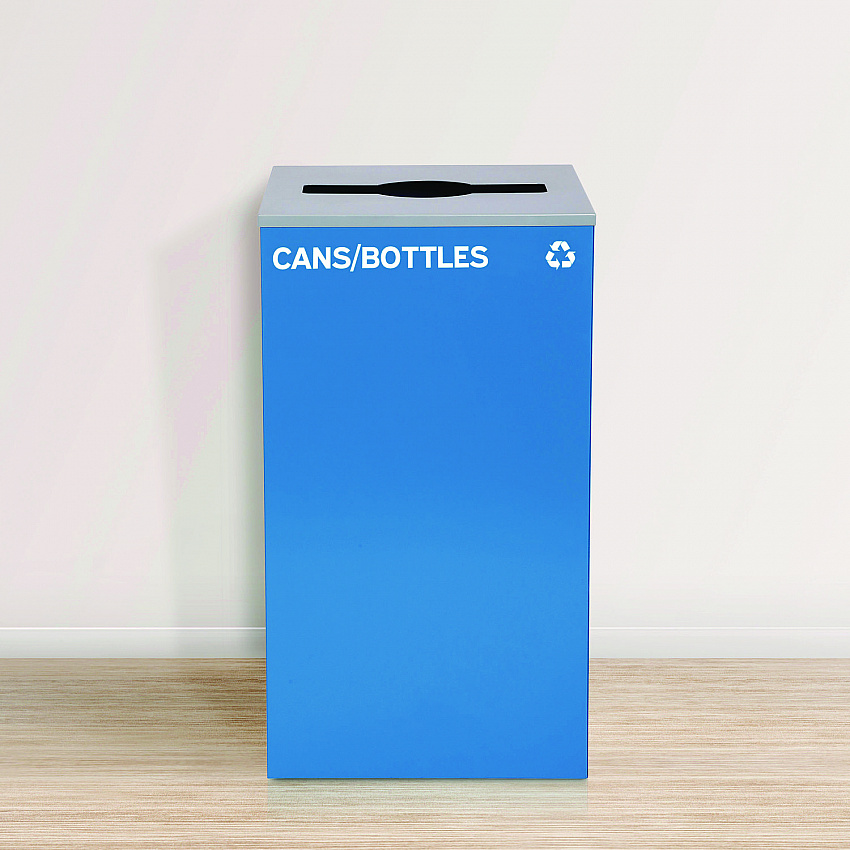 29 Gallon Trash/Recycling Cans, Steel, Blue Cans/Bottles Recycling Can w/Mixed Lid, Green Compost and Black Trash w/Sq Lid (4450BLKKIT20)