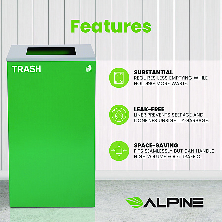 29 Gallon Trash/Recycling Cans, Steel, Green Trash Can with Square Lid (4450KITGRNST)