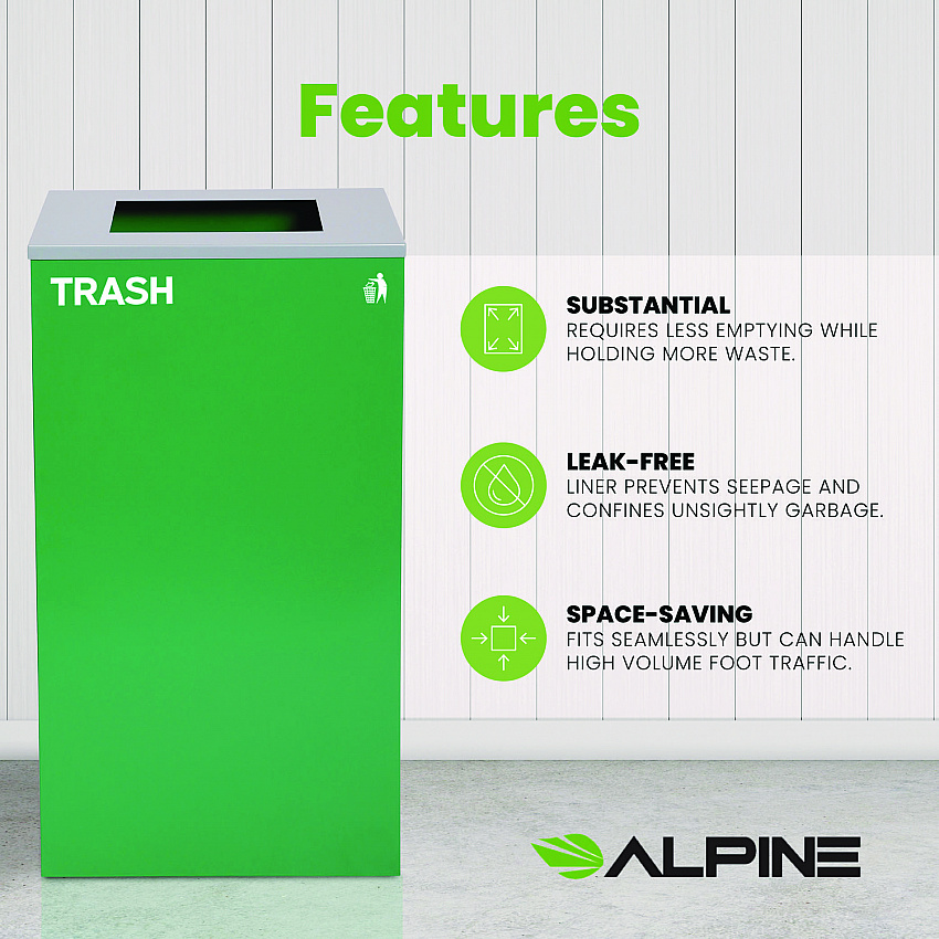 29 Gallon Trash/Recycling Cans, Steel, Green Trash Can with Square Lid (4450KITGRNST)