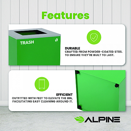 29 Gallon Trash/Recycling Cans, Steel, Green Trash Can with Square Lid (4450KITGRNST)