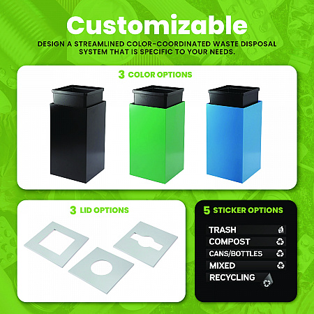 29 Gallon Trash/Recycling Cans, Steel, Green Trash Can with Square Lid (4450KITGRNST)