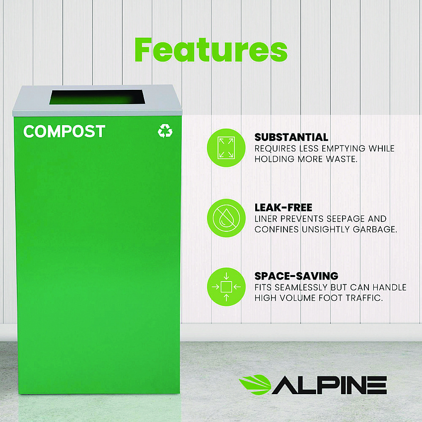 29 Gallon Trash/Recycling Cans, Steel, Green Compost Can with Square Lid (4450KITGRNSC)