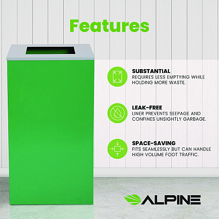 29 Gallon Trash/Recycling Cans, Steel, Green Can with Square Lid (4450KITGRNS)