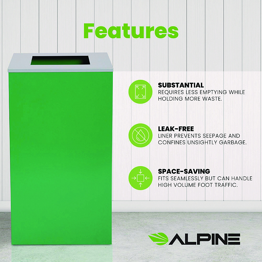 29 Gallon Trash/Recycling Cans, Steel, Green Can with Square Lid (4450KITGRNS)