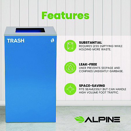 29 Gallon Trash/Recycling Cans, Steel, Blue Trash Can with Square Lid (4450KITBLUST)
