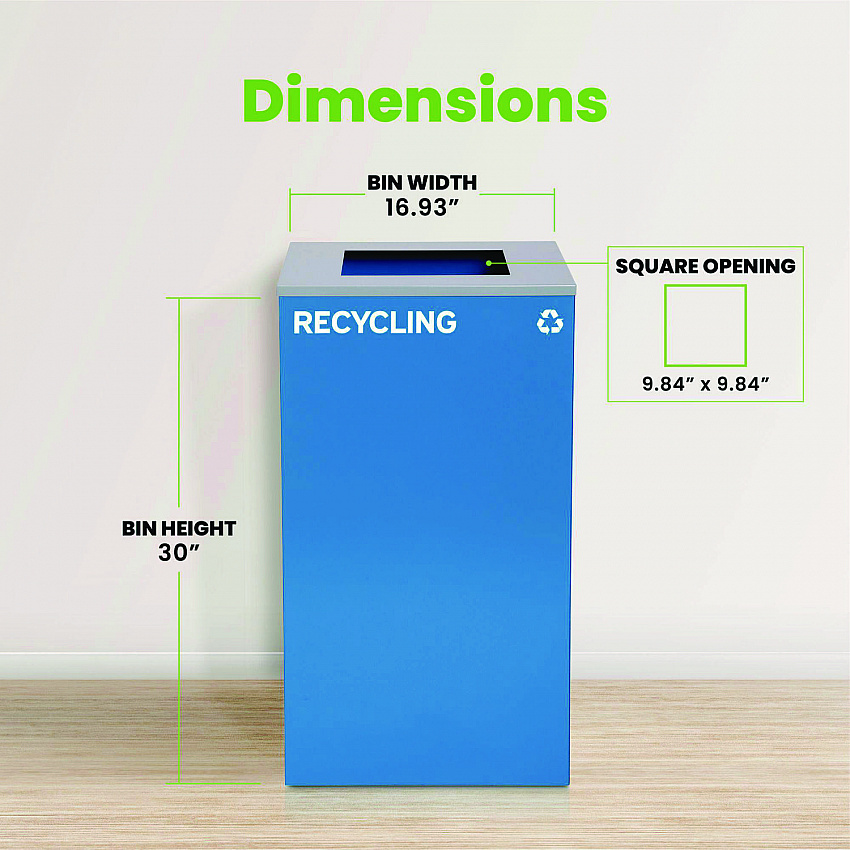29 Gallon Trash/Recycling Cans, Steel, Blue Recycling Can with Square Lid (4450KITBLUSR)