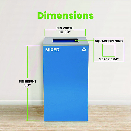 29 Gallon Trash/Recycling Cans, Steel, Blue Mixed Recycling Can with Square Lid (4450KITBLUSM)