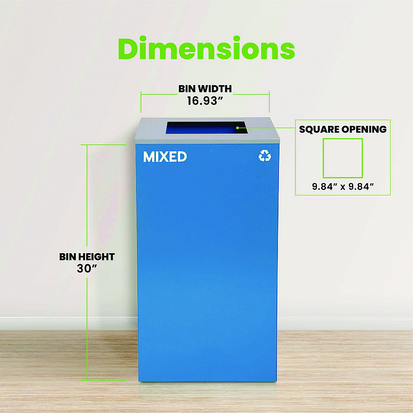 29 Gallon Trash/Recycling Cans, Steel, Blue Mixed Recycling Can with Square Lid (4450KITBLUSM)