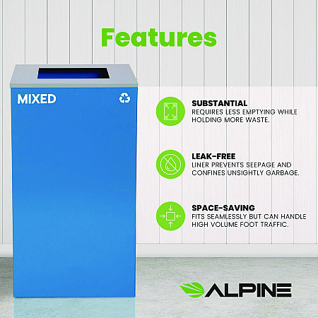 29 Gallon Trash/Recycling Cans, Steel, Blue Mixed Recycling Can with Square Lid (4450KITBLUSM)