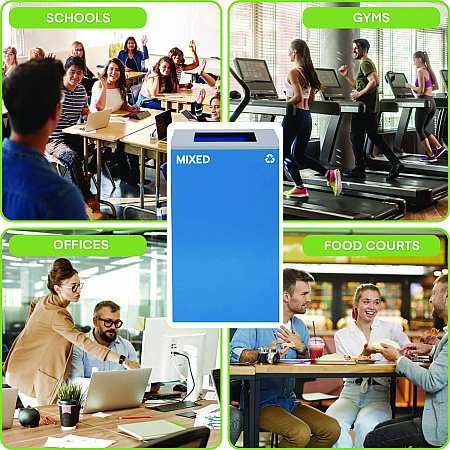 29 Gallon Trash/Recycling Cans, Steel, Blue Mixed Recycling Can with Square Lid (4450KITBLUSM)
