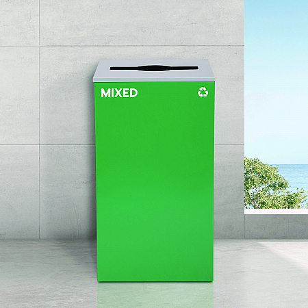 29 Gallon Trash/Recycling Cans, Steel, Blue Recycling and Black Trash Cans w/Square Lid, Green Mixed Recycling Can Mixed Lid (4450BLKKIT22)