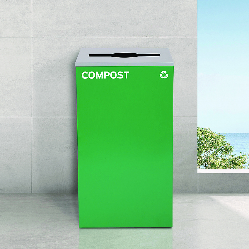 29 Gallon Trash/Recycling Cans, Steel, Blue Recycling Can and Black Trash Can w/Square Lids, Green Compost Can with Mixed Lid (4450BLKKIT23)