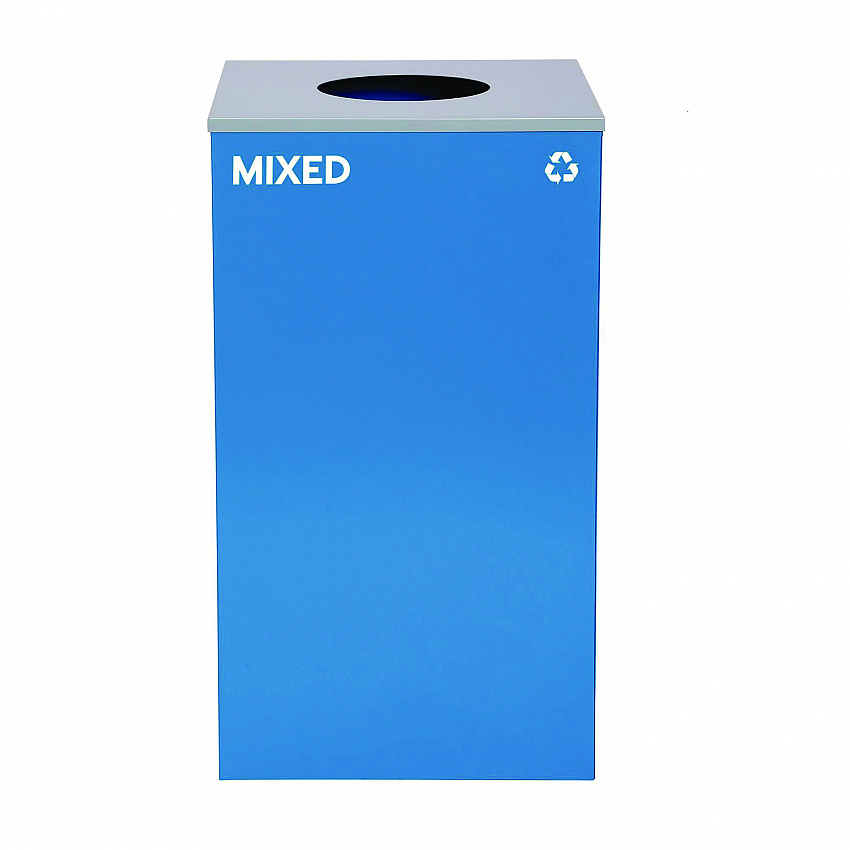29 Gallon Trash/Recycling Cans, Steel, Blue Mixed Recycling w/Circle Lid, Green Recycling w/Mixed Lid, Black Trash w/Sq Lid (4450BLKKIT40)