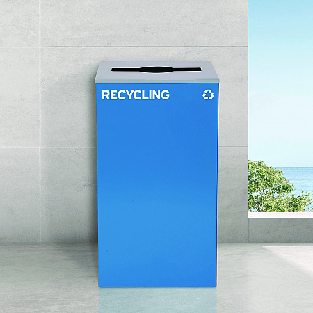 29 Gallon Trash/Recycling Cans, Steel, Blue Recycling and Green Mixed Recycling Can w/Mixed Lids, Black Trash Can w/Sq Lid (4450BLKKIT31)